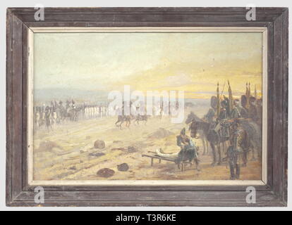 DIRECTOIRE-CONSULAT-EMPIRE 1795-1814, Huile sur toile représentant l'Empereur Napoléon 1er, escorté par les chasseurs à cheval de sa Garde, début XXème siècle. L'Empereur passe en revue une unité d'infanterie de la vieille Garde Impériale sur un champ de bataille. Au premier plan, un officier général assiste à la scène, couché sur un brancard, blessé à la jambe gauche, il est accompagné d'un officier d'ordonnance de l'Empereur, derrière lui, un carabinier porte son sabre et son ceinturon, en arrière-plan, des cavaliers d'unités diverses (cuirassiers, g, Artist's Copyright has not to be cleared