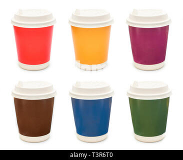 Set of different colored and blank Cardboard Coffee Cups isolated on a white background. Stock Photo