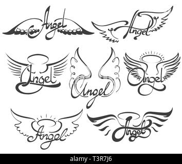 Angel wings icon sketch set. Seven Hand drawn lettering Angel with wings and Nimbus. Vector illustration. Stock Vector