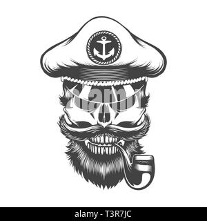 Human Skull in Captain Hat with with beard mustache and Smoking Pipe. Vector illustration. Stock Vector