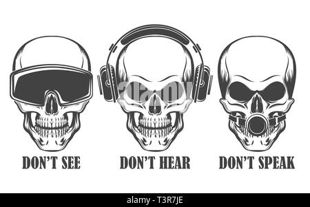 Human skulls in headphones, virtual reality headset and ball gag with wording Don't See, Hear, Speak. Vector illustration. Stock Vector