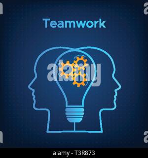 Heads silhouette lightbulb creative teamwork concept vector illustration. Blue human profile with bulb silhouette and orange cogwheel. Line head with technology background business team concept Stock Vector