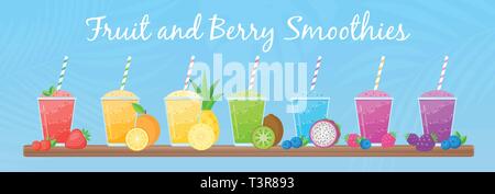 Natural fruit smoothie rainbow colection vector illustration. Sweet protein shake or vegeterian juicy cocktail set in glass cup with straw and fresh fruits for smoothie social media promotion banner Stock Vector