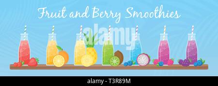 Healthy diet smoothie drink set vector illustration. Glass bottle with straw and layered fresh cocktail in rainbow colors with collection of raw fruit on tropical background for cafe smoothie banner Stock Vector