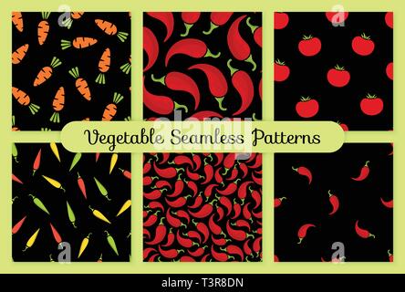 Seamless pattern vegetable background set vector flat illustration. Fresh food background in black and red colors with chilli vegetable seamless element for healthy diet decor or vintage wallpaper Stock Vector
