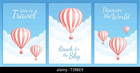 Hot air balloon sky flight vector illustration set. White clouds on spring blue sky with big motivational quotes, red stripe hot air balloon with couple for vacation adventure. Clipping mask applied. Stock Vector