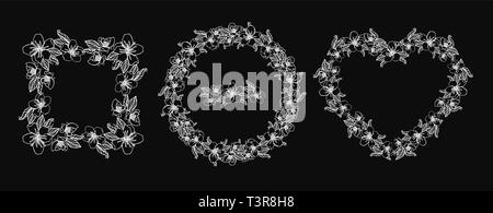 floral design element wreath from cherry flowers, isolated on black background Stock Vector
