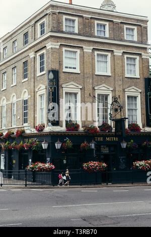 London, UK - July 23, 2018: The Mitre is a local Greenwich Pub. A well-established Greenwich watering hole, perched on a street corner near St Alfege’ Stock Photo