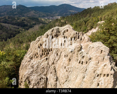 Antique Thracian Sanctuary Eagle Rocks near town of Ardino, Kardzhali Region, Bulgaria. Aerial drone view Stock Photo