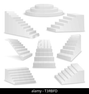 Vector 3d Realistic White Stairs Icon Set Closeup Isolated on White Background. Design Template of Interior Staircases, Vector Steps Collection Stock Vector