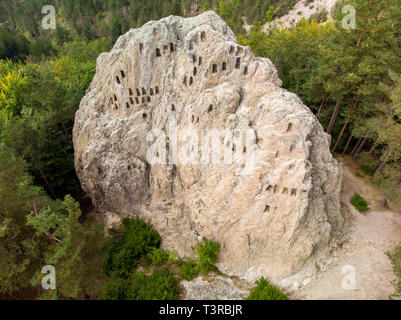 Aerial drone view of Antique Thracian Sanctuary Eagle Rocks near town of Ardino, Kardzhali Region, Bulgaria Stock Photo