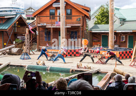 Two man cross cut saw competition at the Great Alaskan Lumberjack Show in Ketchikan, Alaska USA Stock Photo