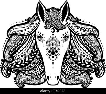 Head of a wild horse with mane and mandala. Antistress freehand sketch drawing with doodle and zentangle elements Stock Vector