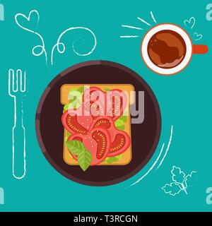 Set of breakfast food on bright background in flat design style. Doodle elements. Flat sandwich and beverage. Breakfast time. Vector illustration. Stock Vector