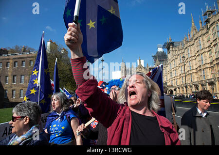 Anti Brexit protesters shout Brexit slogans at the media towers opposite Parliament in Westminster on the day the EU agreed an extension to Article 50 until the end of October, on 11th April 2019 in London, England, United Kingdom. With just two days until the UK is supposed to be leaving the European Union, the delay decision awaits. Stock Photo