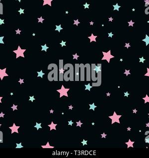 Seamless abstract pattern with pink and blue sharp stars on black background. Vector illustration. Vector fireworks illustration. Cosmos texture for Stock Vector