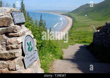 National Trust signs at entrance to Rhossili bay, Gower Stock Photo