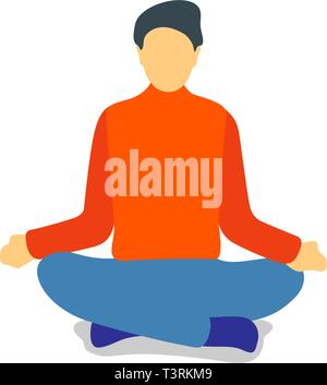 Young man sitting in yoga lotus position. Calm male meditating. Entrepreneur engage in spiritual practices for mental balance, stress relief. Vector i Stock Vector