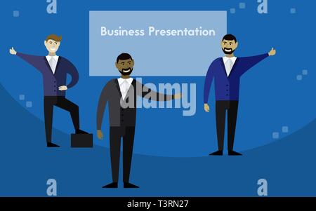 Three men are giving a business presentation. Vector illustration. Businessman flat icons Stock Vector