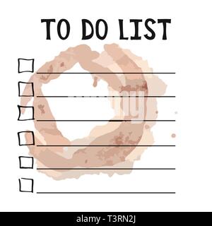 To do list. Cup stained coffee. Vector illustration. Blank checklist Stock Vector