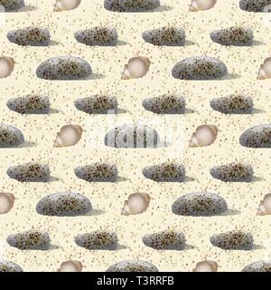 Vector pebbles and shell of hermit crab seamless pattern. Sea print Stock Vector
