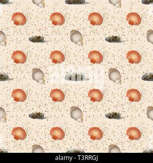 Scallop Seashell, pebbles and shell of hermit crab seamless pattern Stock Vector
