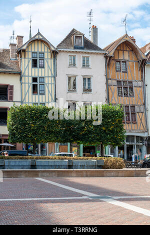Troyes (north-eastern France): facade of traditional half-timbered houses in the street ' rue George Clemenceau ' viewed from ' place Vernier ' square Stock Photo