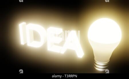 3D lettering idea and burning lamp in the dark Stock Photo