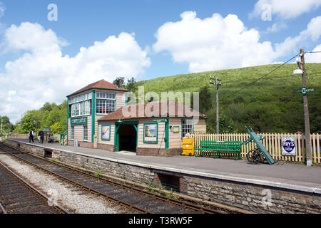 Swanage Steam Train departing Corfe Castle Station in Dorset, UK. Stock Photo