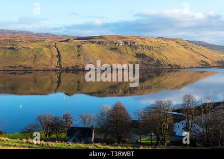 View looking over Carbost to Loch Harport on Isle of Skye, Highland Region, Scotland, UK Stock Photo