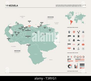 Vector map of Venezuela.  High detailed country map with division, cities and capital Caracas. Political map,  world map, infographic elements. Stock Vector