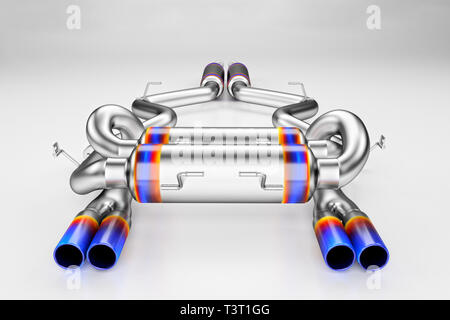 Tuning exhaust system for a sports car. Car muffler, exhaust silencer on a white background. 3D rendering Stock Photo