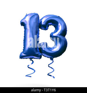 Number 13 blue foil helium balloon isolated on a white background. 3D Render Stock Photo