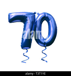 Number 70 blue foil helium balloon isolated on a white background. 3D Render Stock Photo