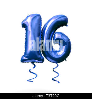 Number 16 blue foil helium balloon isolated on a white background. 3D Render Stock Photo
