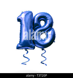 Number 18 blue foil helium balloon isolated on a white background. 3D Render Stock Photo