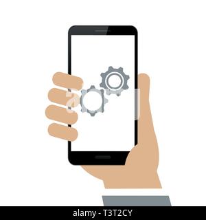 hand holds smartphone update gears on display isolated on white background vector illustration EPS10 Stock Vector