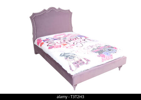 contemporary bed isolated on white background. Pink bed with soft headrest for teen girl Stock Photo