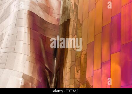 Colored reflective exterior facade of the Museum of Pop Culture, MoPOP, detail, architect Frank Gehry, Seattle, Washington, USA Stock Photo