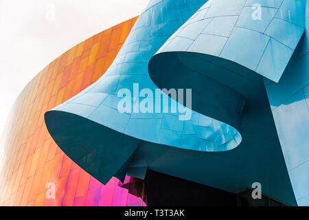 Curved colored facade of the Museum of Pop Culture, MoPOP, detail, architect Frank Gehry, Seattle, Washington, USA Stock Photo