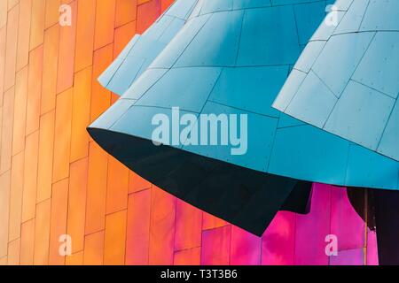 Curved colored facade of the Museum of Pop Culture, MoPOP, detail, architect Frank Gehry, Seattle, Washington, USA Stock Photo