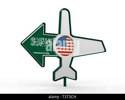 Emblem design for airlines, airplane tickets, travel agencies. Airplane icon and destination arrow. Flags of the USA and Saudi Arabia. 3D rendering Stock Photo