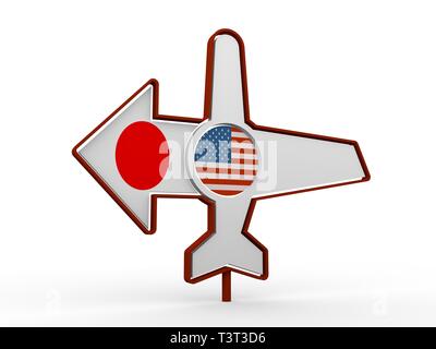 Emblem design for airlines, airplane tickets, travel agencies. Airplane icon and destination arrow. Flags of the USA and Japan. 3D rendering Stock Photo