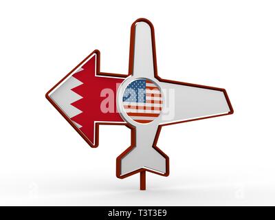 Emblem design for airlines, airplane tickets, travel agencies. Airplane icon and destination arrow. Flags of the USA and Bahrain. 3D rendering Stock Photo