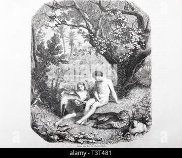 Adam and Eve in the Garden of Eden, Historical Illustration in an Old Bible, from 1886, Old Testament, Holy Scripture, Germany Stock Photo