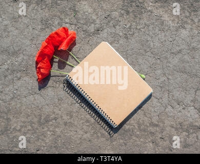 light brown notebook of kraft paper with poppy flowers lies on the ground Stock Photo