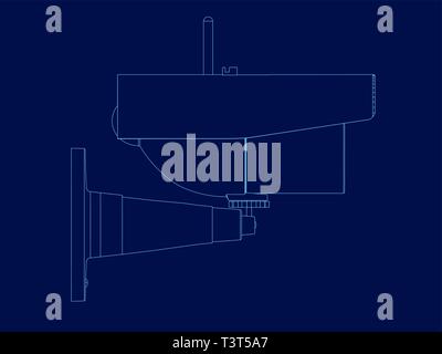 Wireframe camera frame. Side view. Contour of the surveillance camera of the blue lines on a dark background. Vector illustration Stock Vector