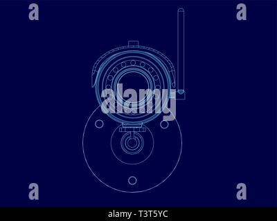 Wireframe camera frame. Front view. Contour of the surveillance camera of the blue lines on a dark background. Vector illustration Stock Vector