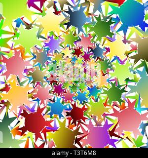 Isolated multicolored spirals of stellar hexagons on white square background. Festive background. Stock Vector