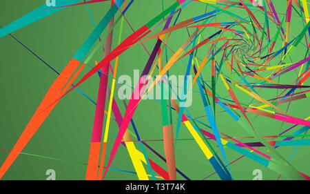 Abstract multicolor pattern on green background. Ray-shaped rotating shapes. Stock Vector